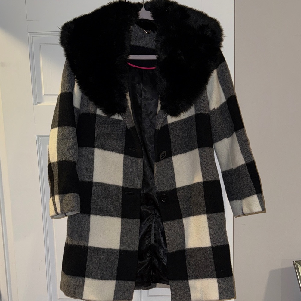 Kate Spade Plaid Black and White Women's faux fur coat
